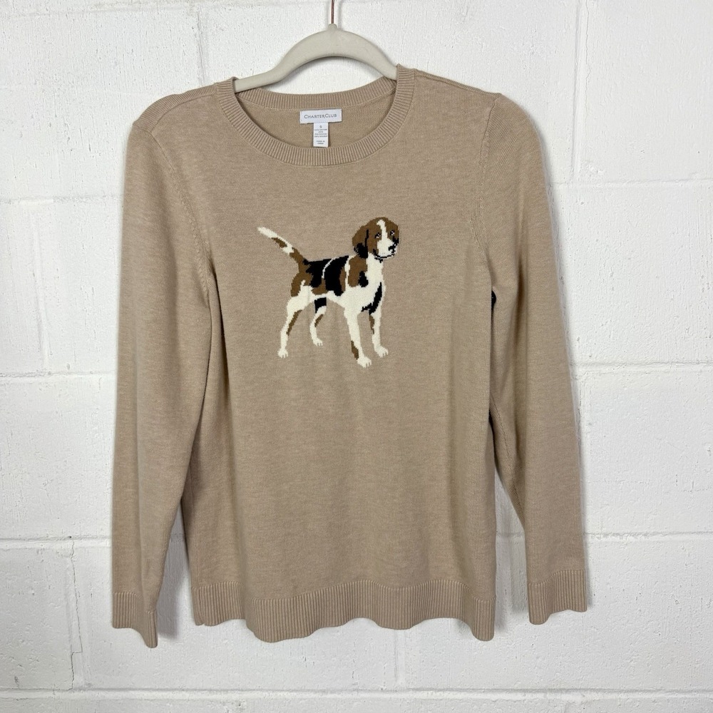 Charter Club Beagle Sweater Size S Tan Dog Embroidered Preppy Heritage Old Money